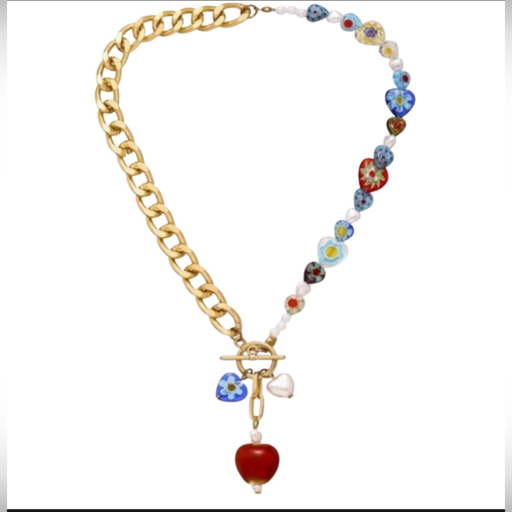 Colorful Gold Chunky Chain Heart Pendant Boho Evil Eye Millefiori Necklace 18”